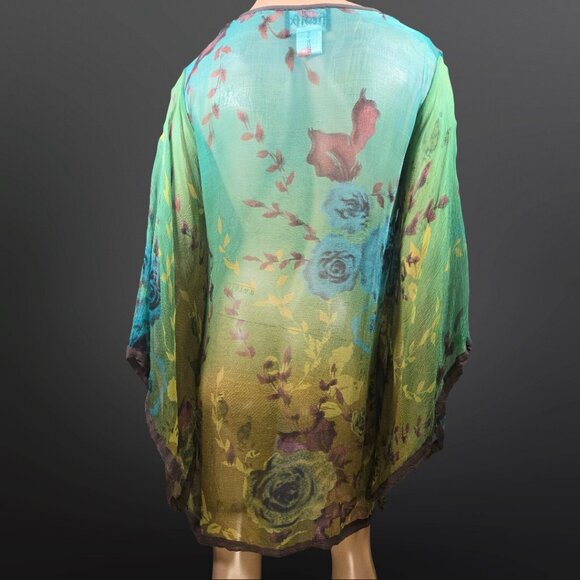 Vintage Floral Caftan Sheer Beach Cover Up Dress Size M Teal Green Brown Beaded - Picture 8 of 9